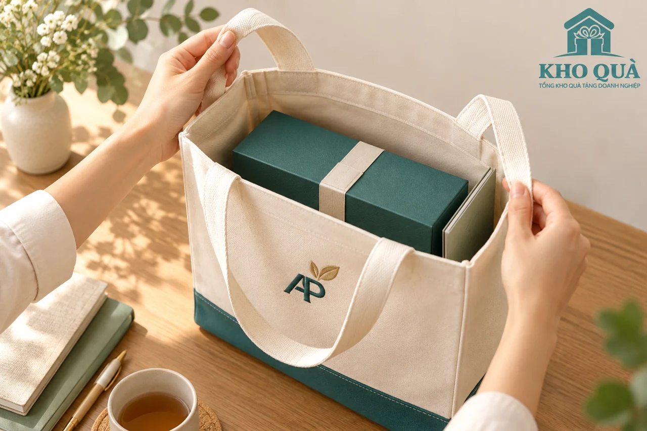 Phương án túi AP mở chứa hộp xanh và một tập tài liệu