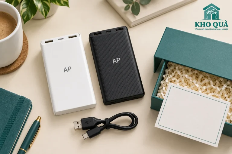 Phương án sạc dự phòng in AP đen trắng cùng dây và hộp xanh