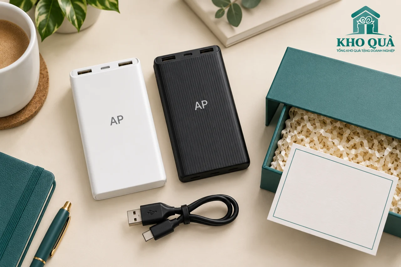 Phương án sạc dự phòng in AP đen trắng cùng dây và hộp xanh