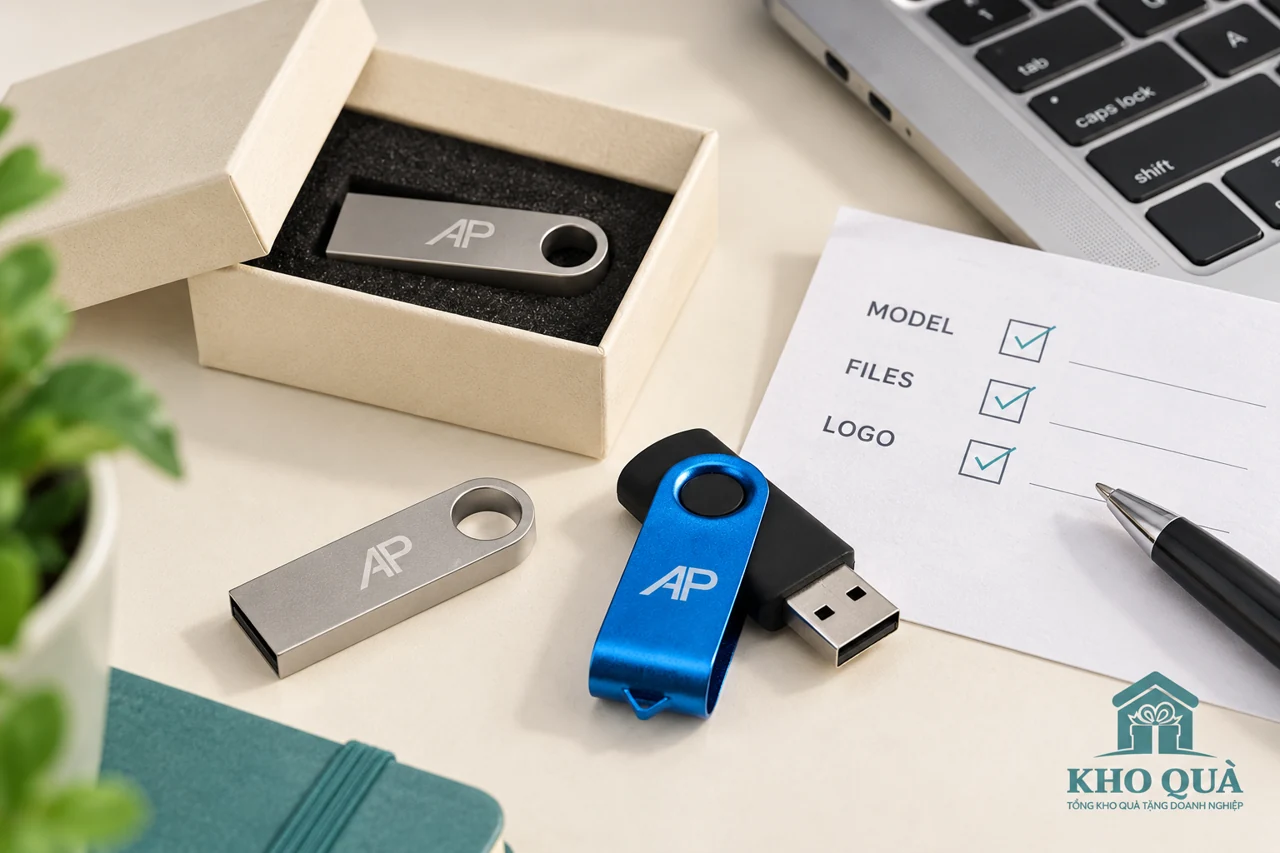 Phương án USB kim loại và xoay inAP cùng hộp và phiếu kiểm