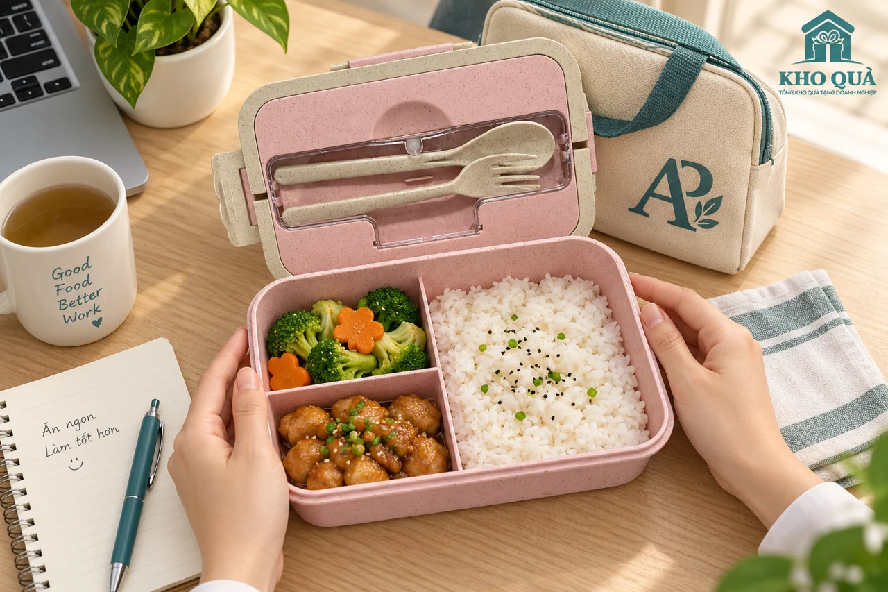 Phương án chia cơm và hai món kèm trong hộp ba ngăn với túi in AP