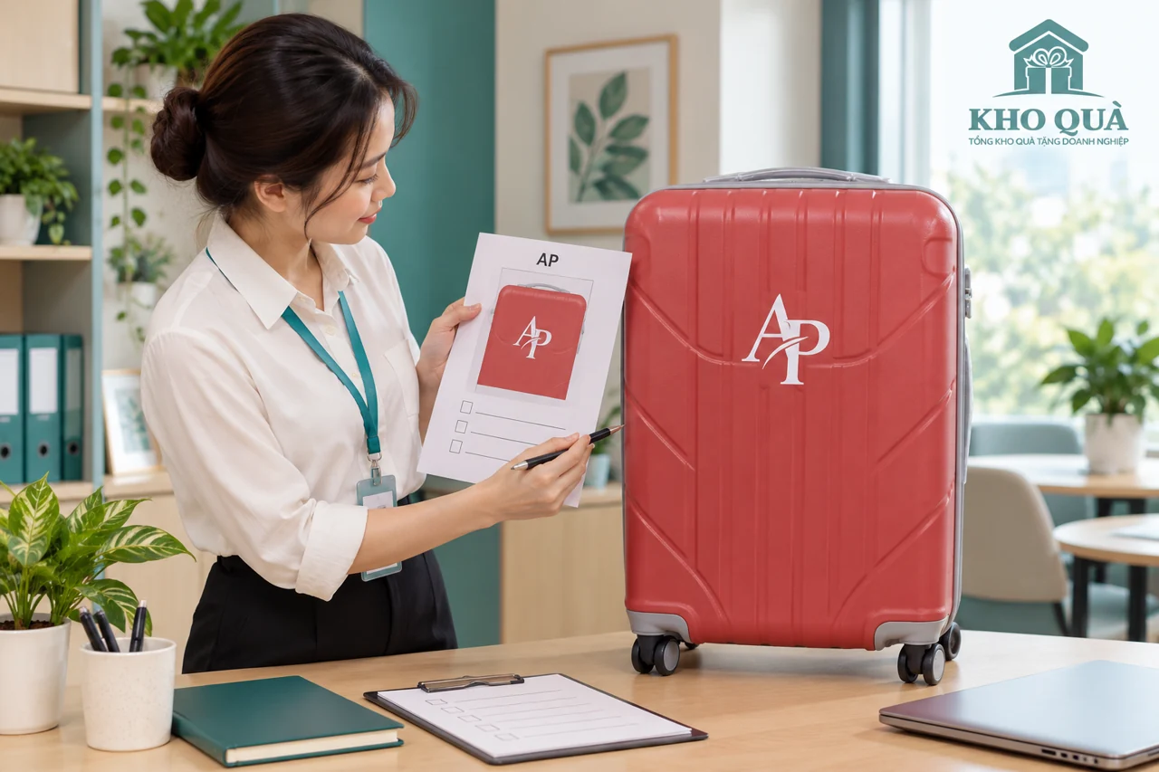 Phương án đối chiếu mặt in AP trên vali đỏ với bản duyệt giấy