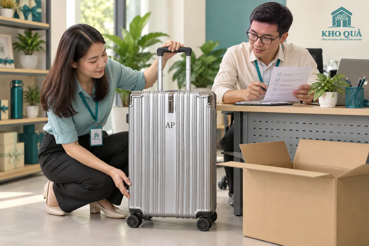 Phương án cùng kiểm vali in AP và phiếu duyệt bên cạnh thùng đóng gói