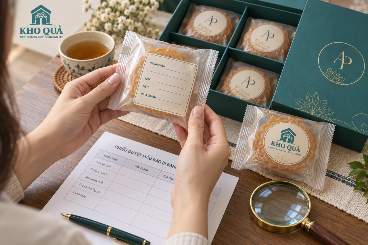 Cảnh dựng cầm bao bì bánh để đối chiếu các trường nhãn với phiếu duyệt