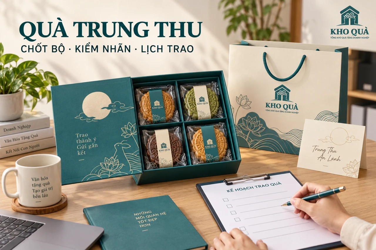 Phương án quà Trung thu gồm hộp bốn bánh đóng gói riêng túi thiệp và phiếu kiểm