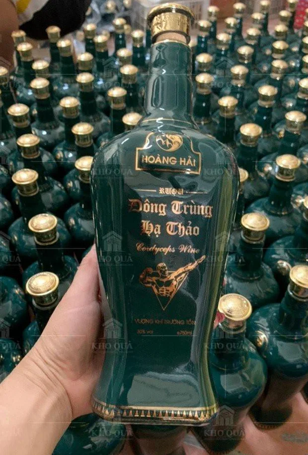 Ảnh gallery chai men xanh có nhãn chữ vàng, nút vàng và nhiều chai ở nền
