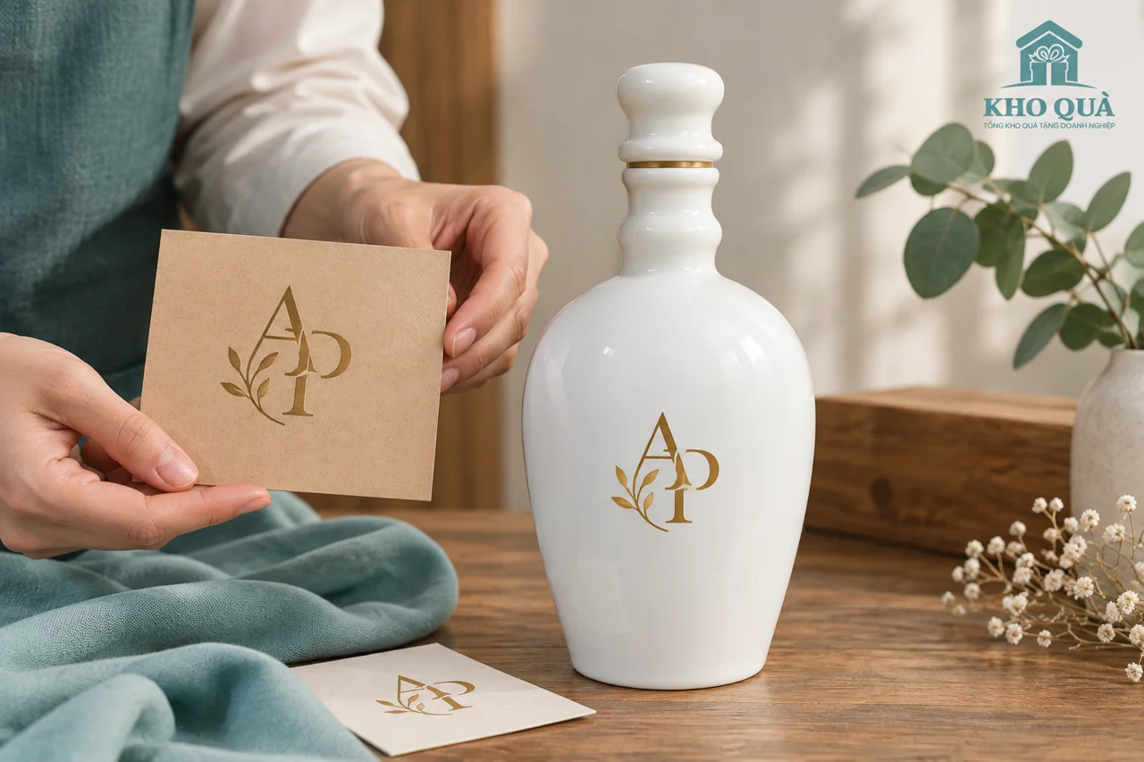 Phương án logo AP vàng trên thân chai trắng và thiệp đối chiếu