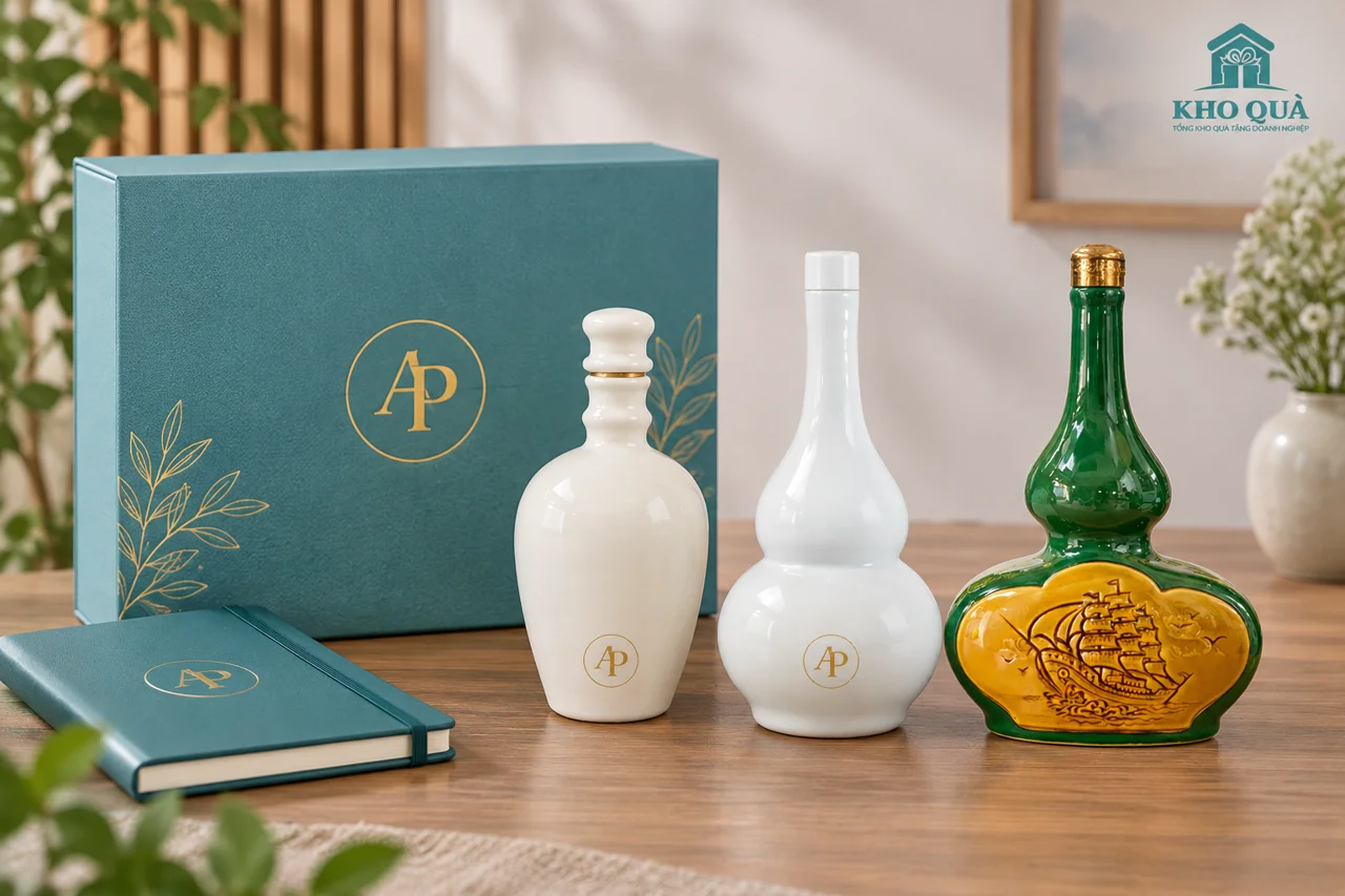 Phương án chọn chai trắng thân bầu, hồ lô và chai xanh họa tiết nổi cùng hộp AP