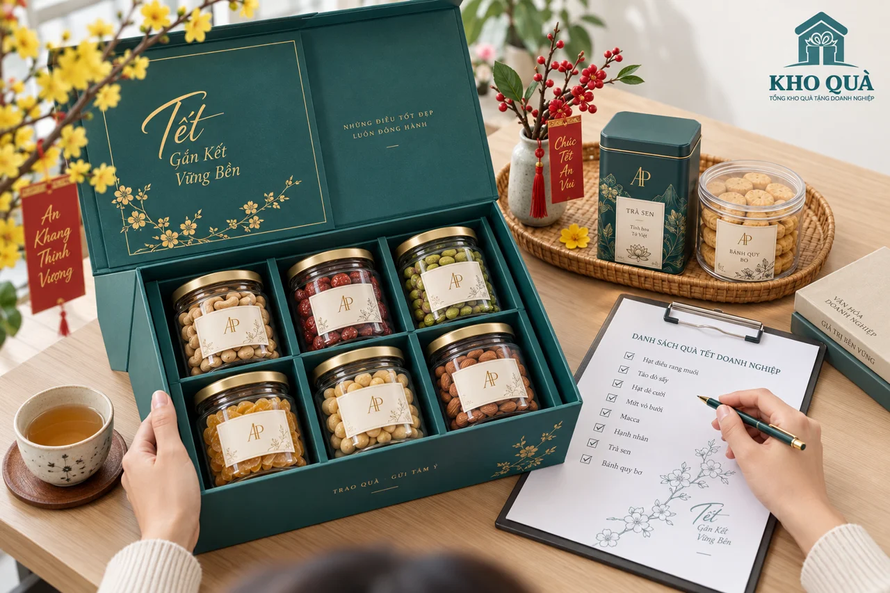 Phương án hộp sáu hũ AP, khay trà bánh và danh sách chọn quà Tết