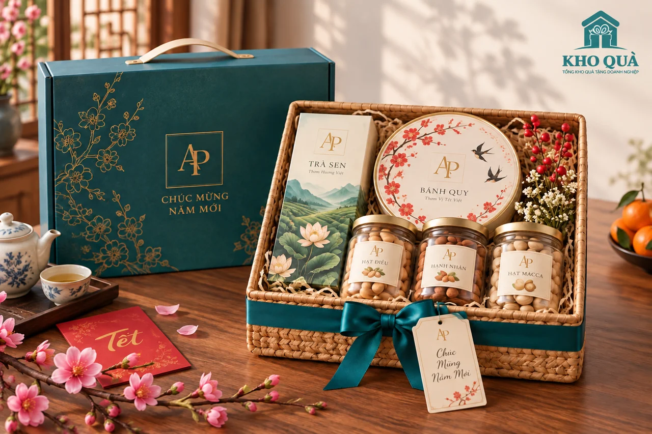 Phương án giỏ AP có trà bánh và các hũ hạt cùng hộp xanh và thiệp