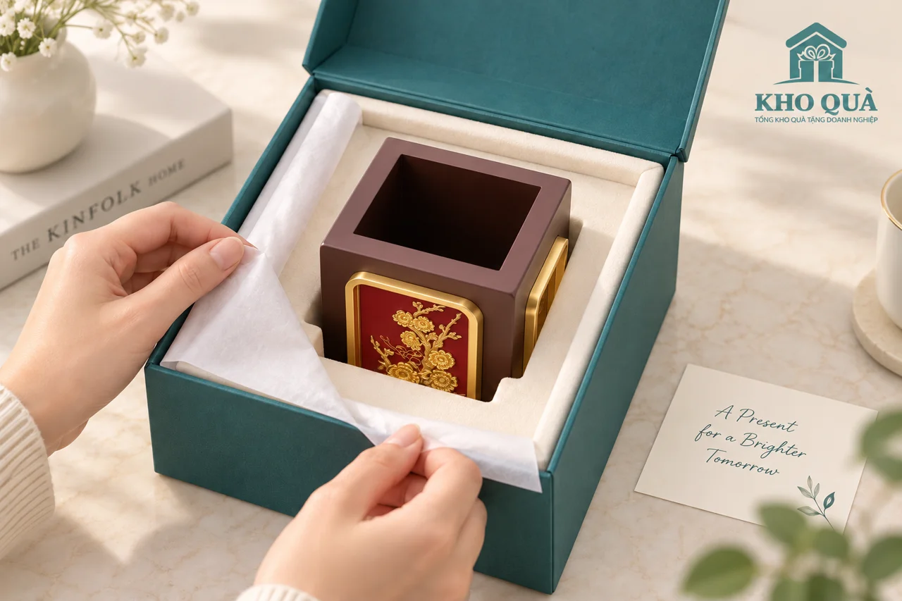 Phương án ống bút trong khay bảo vệ của hộp quà