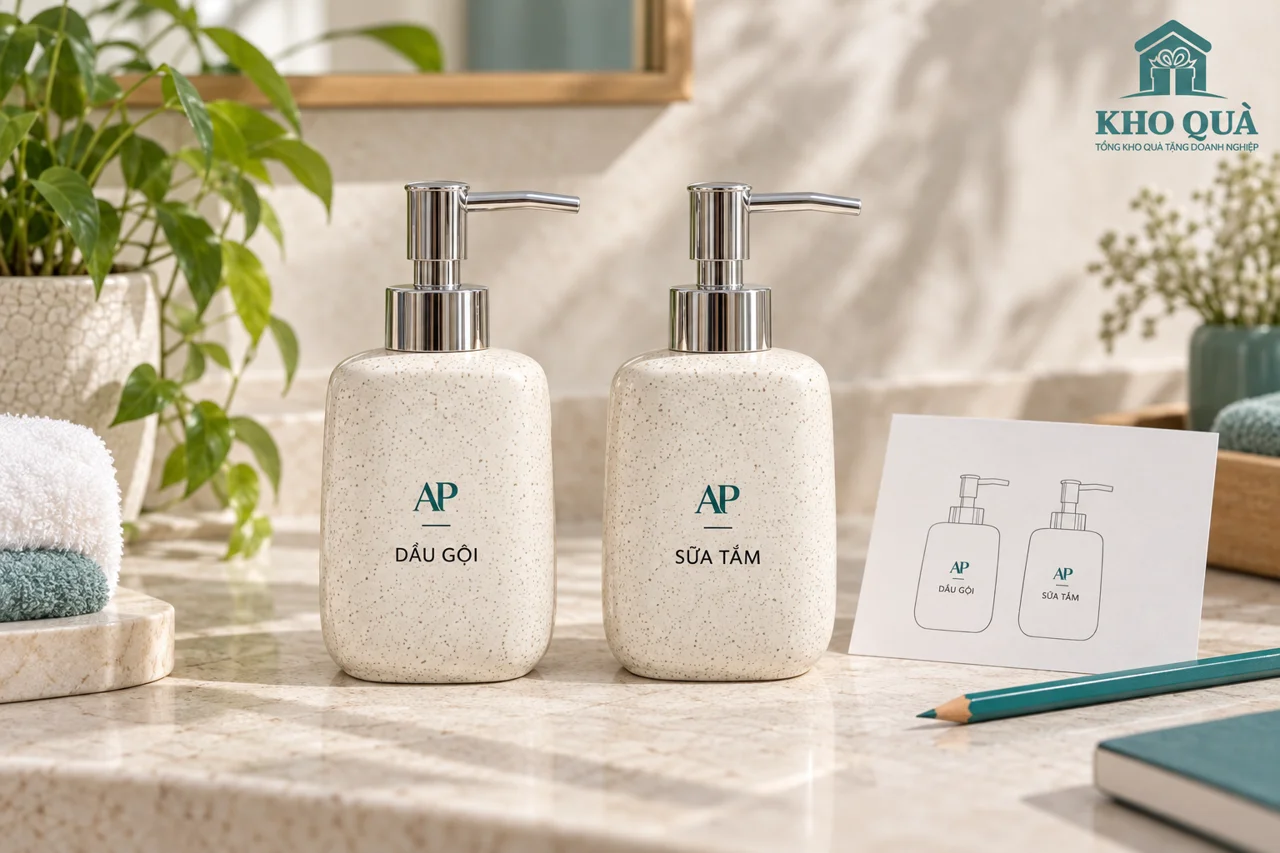 Phương án hai bình men chấm mang nhãn AP dầu gội và sữa tắm