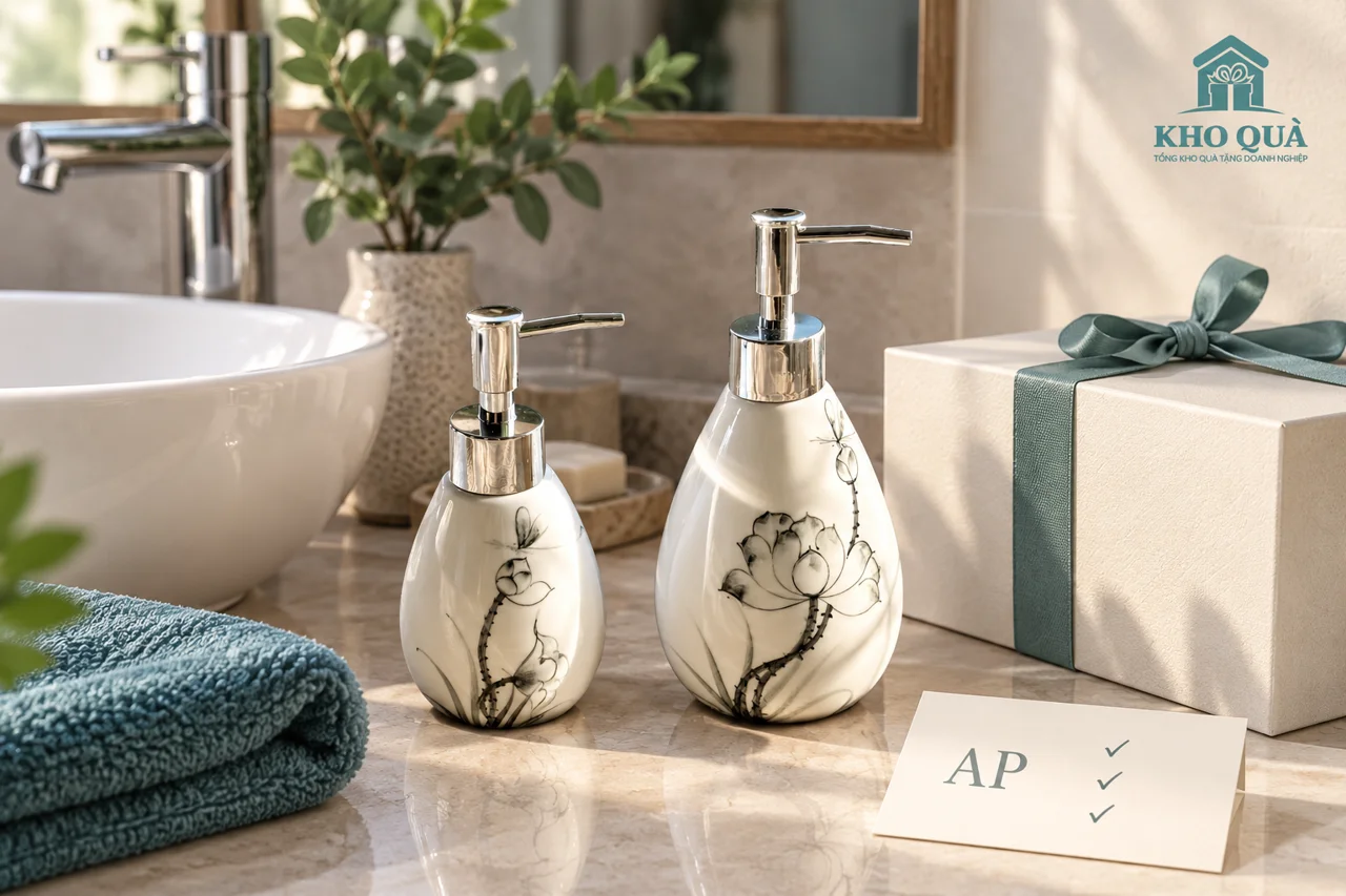 Hai bình họa tiết vẽ tay trong phương án đặt trên bàn lavabo cùng hộp quà