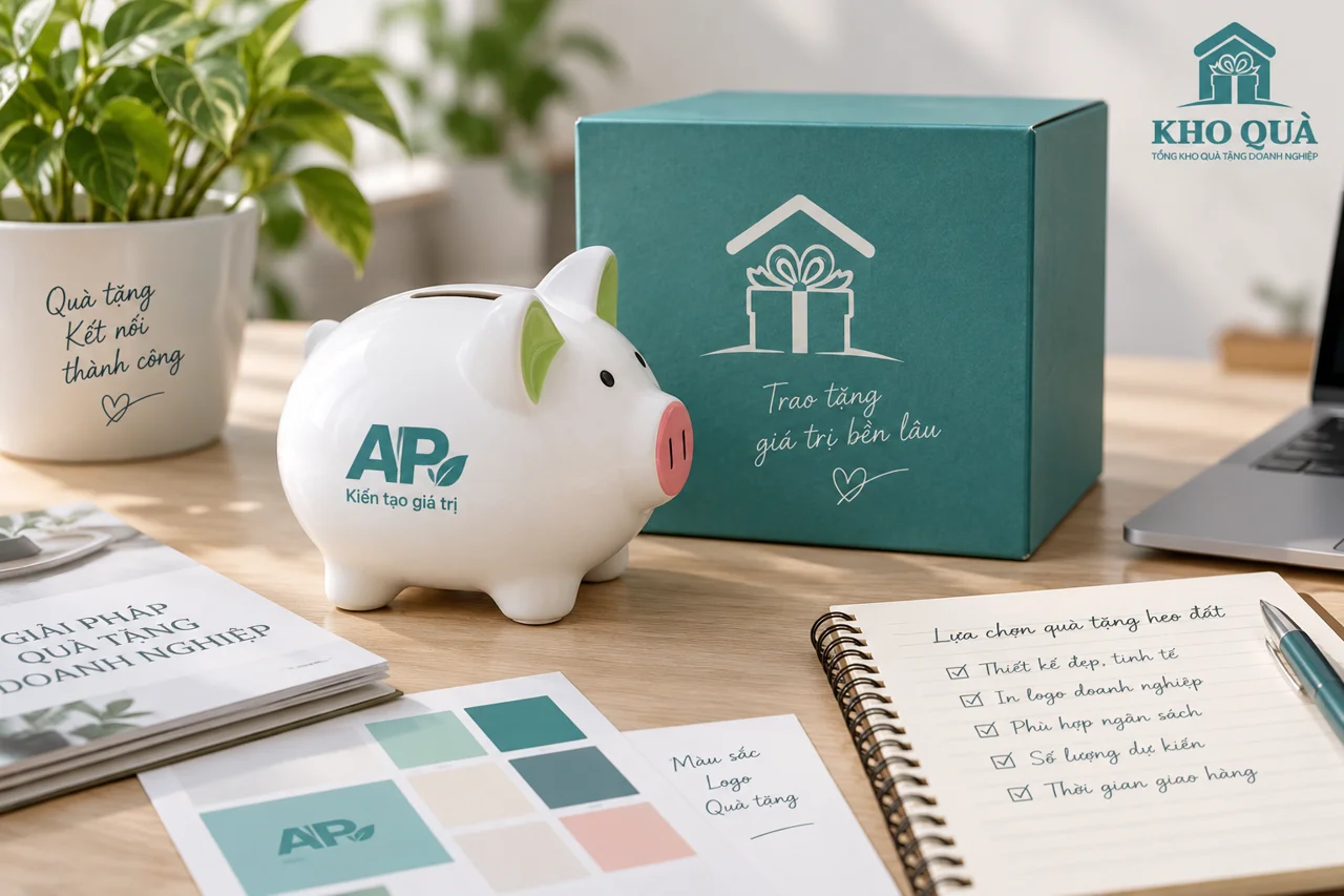 Phương án heo đất tai xanh in AP cùng hộp và giấy duyệt trên bàn