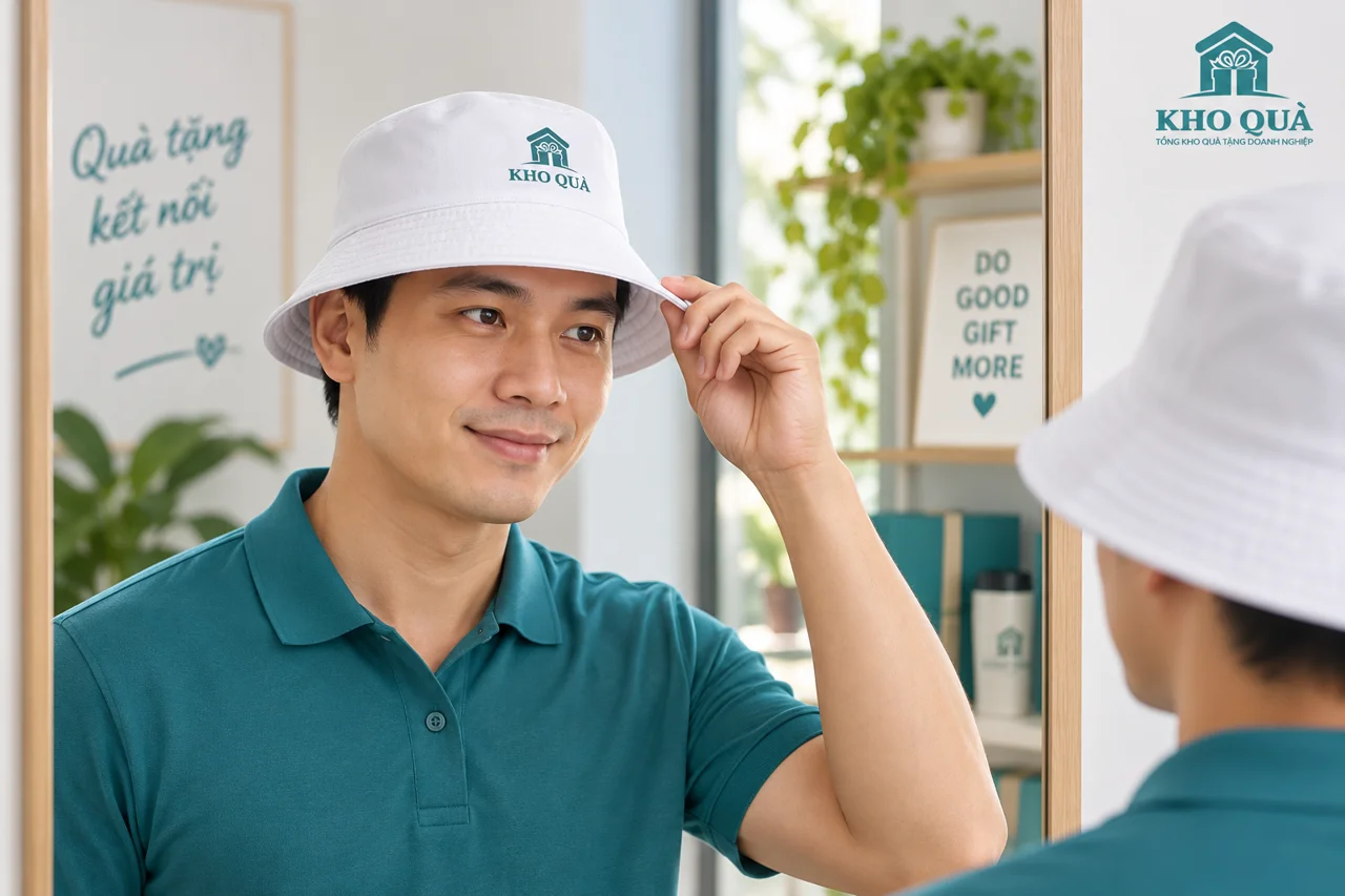 Phương án thử mũ bucket có logo KhoQua trước gương