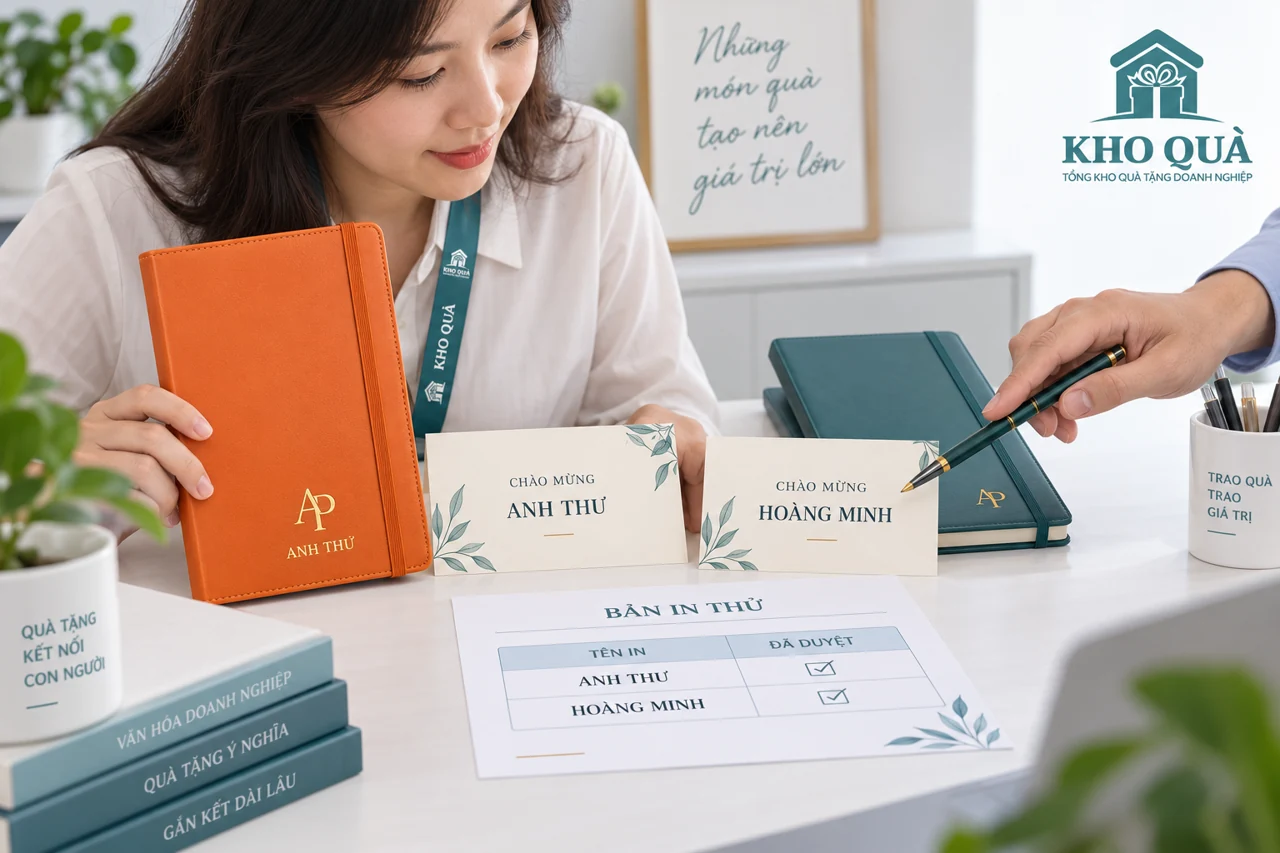 Cảnh dựng đối chiếu tên Anh Thư Hoàng Minh trên sổ thiệp và bản in thử