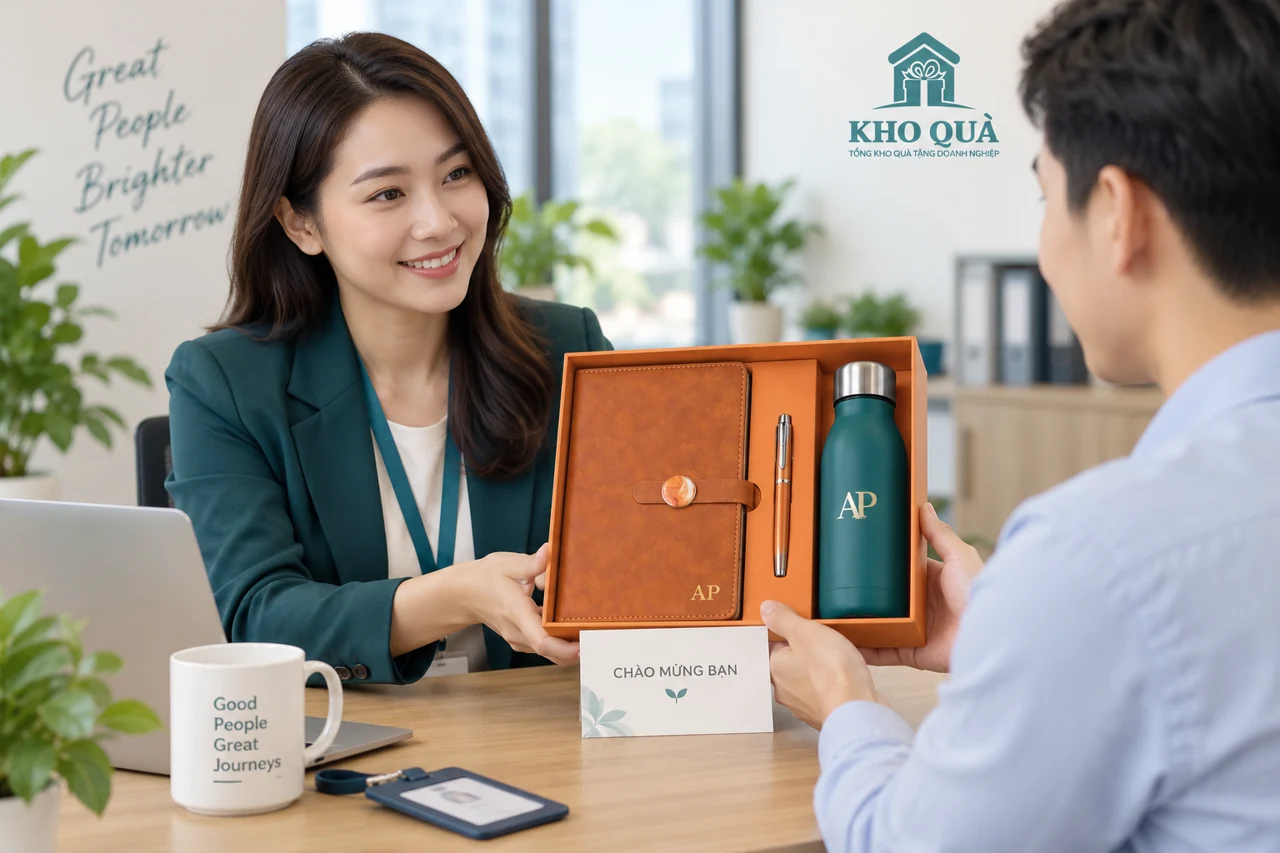 Cảnh dựng trao hộp sổ bút bình AP cho đồng nghiệp mới tại bàn làm việc