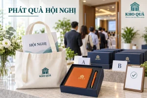 Phương án quà hội nghị gồm túi và bộ sổ bút in logo KhoQua cạnh mã A B