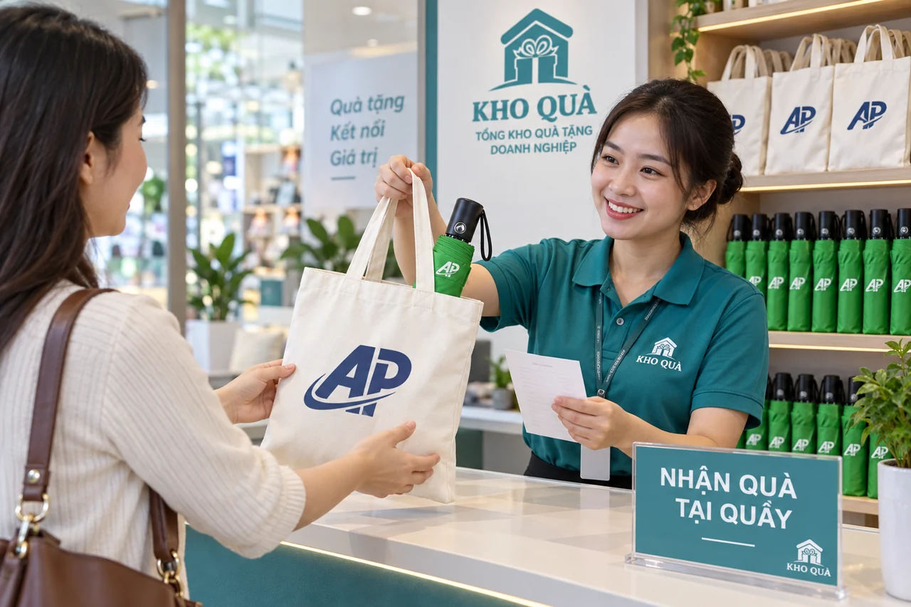 Cảnh dựng kiểm phiếu và trao túi AP có ô gấp tại quầy
