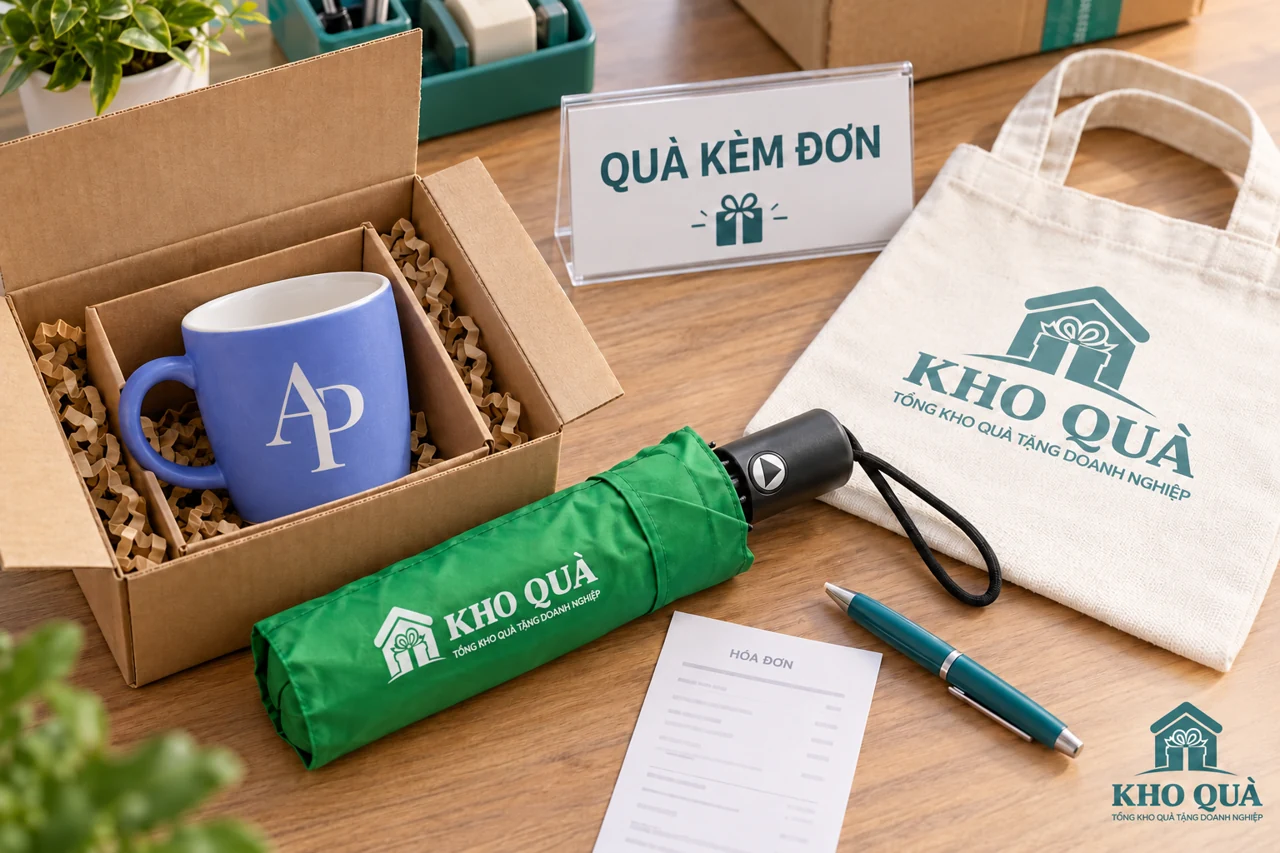 Cảnh dựng cốc AP ô và túi KhoQua cạnh biển quà kèm đơn