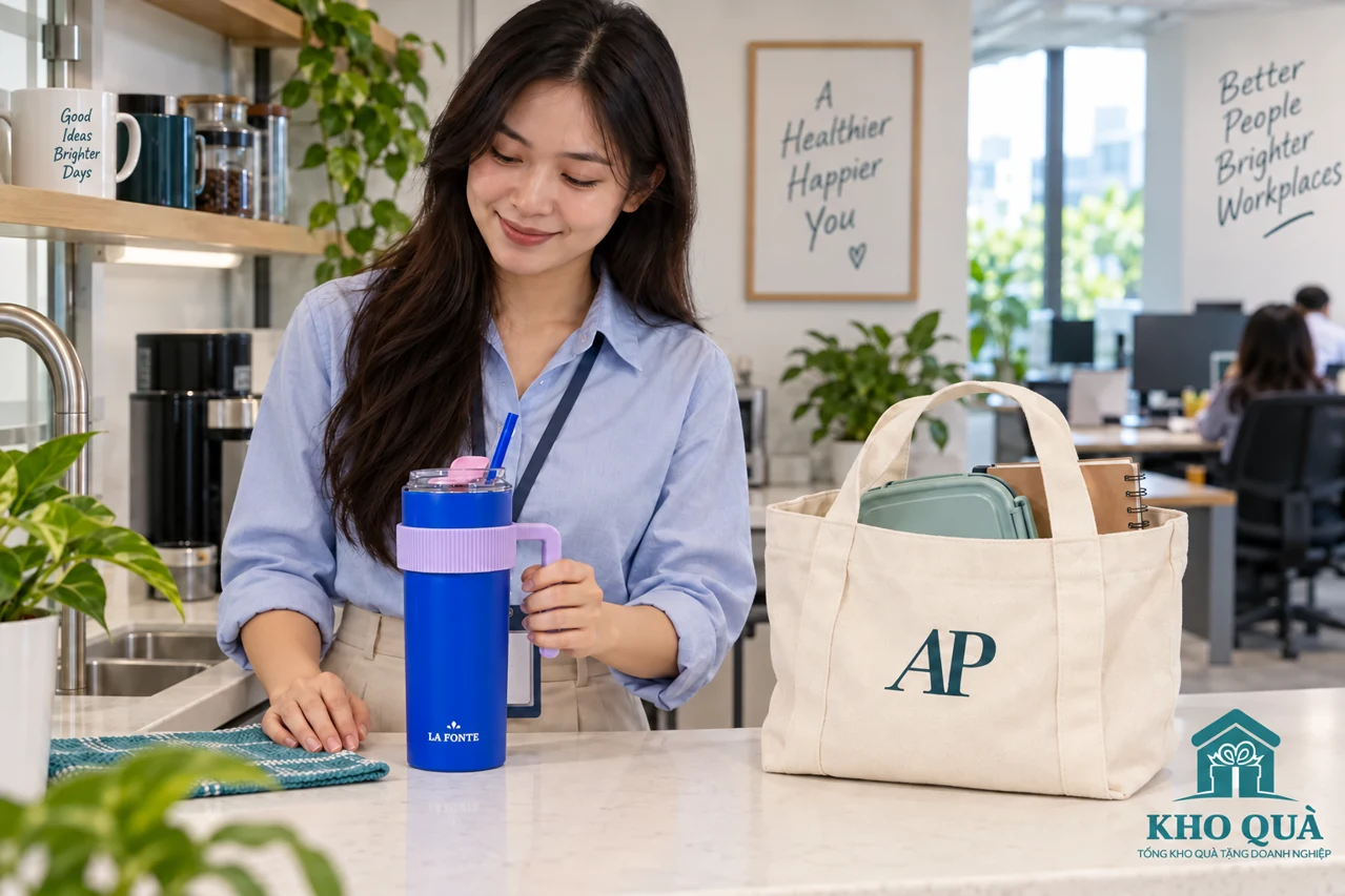 Cảnh dựng dùng ly xanh dương và túi AP tại văn phòng