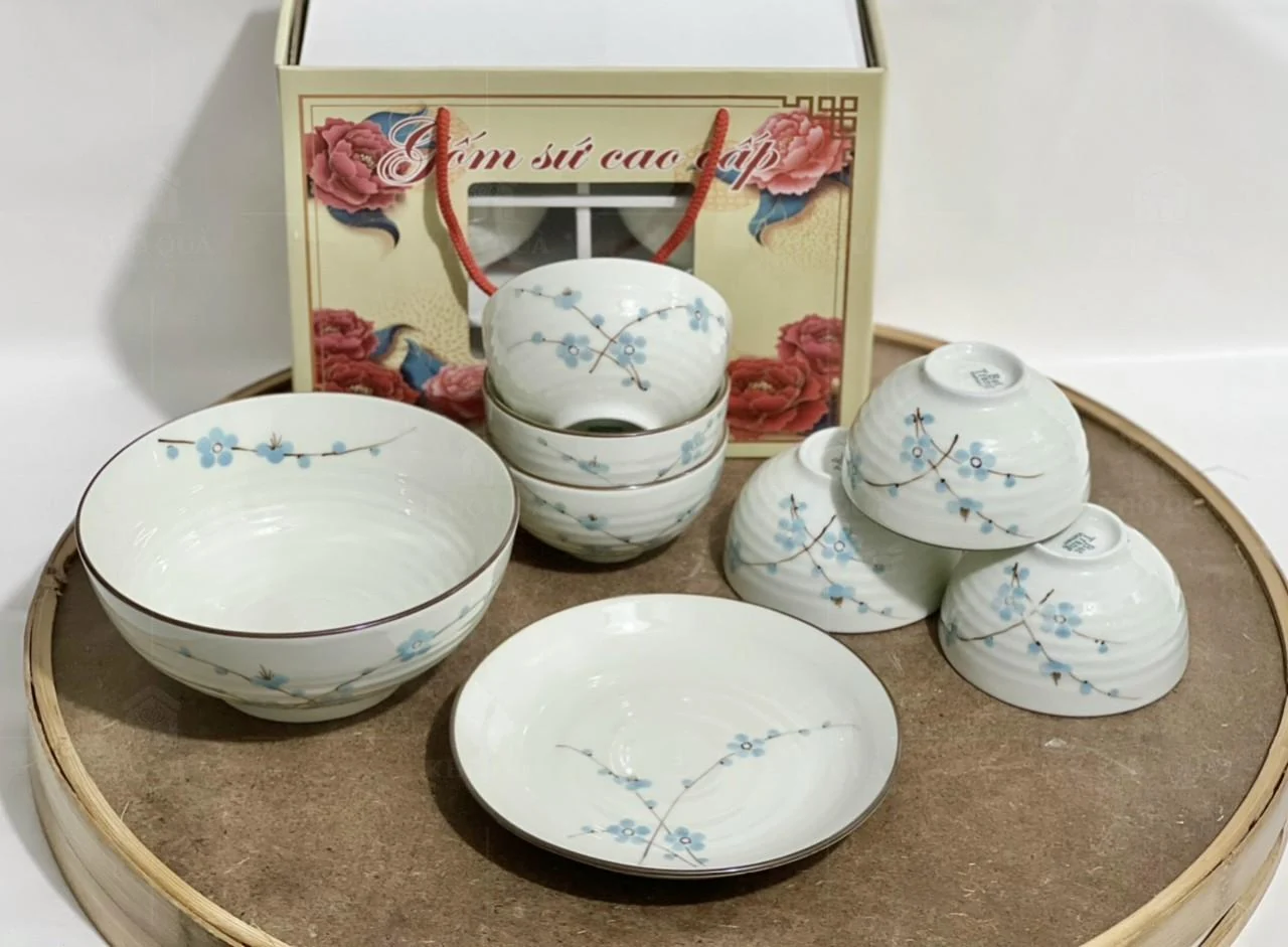 Bộ bát đĩa hoa xanh với bát lớn đĩa và hộp trong gallery bộ bát đĩa men kem