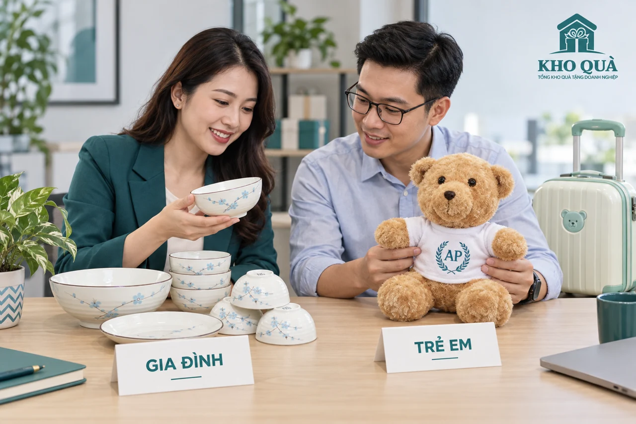 Cảnh dựng người lớn so quà gia đình và quà trẻ em với gấu áo AP