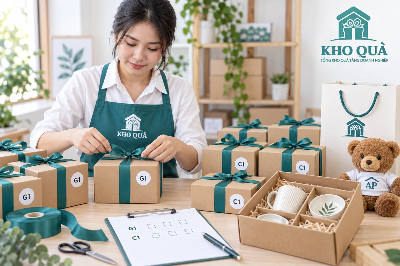 Cảnh dựng đóng quà riêng nhóm G1 C1 với nhãn mã không ghi tên trẻ