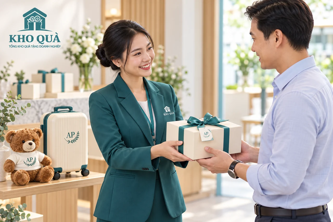 Cảnh dựng trao hộp quà AP cho người lớn với gấu và vali là lựa chọn riêng