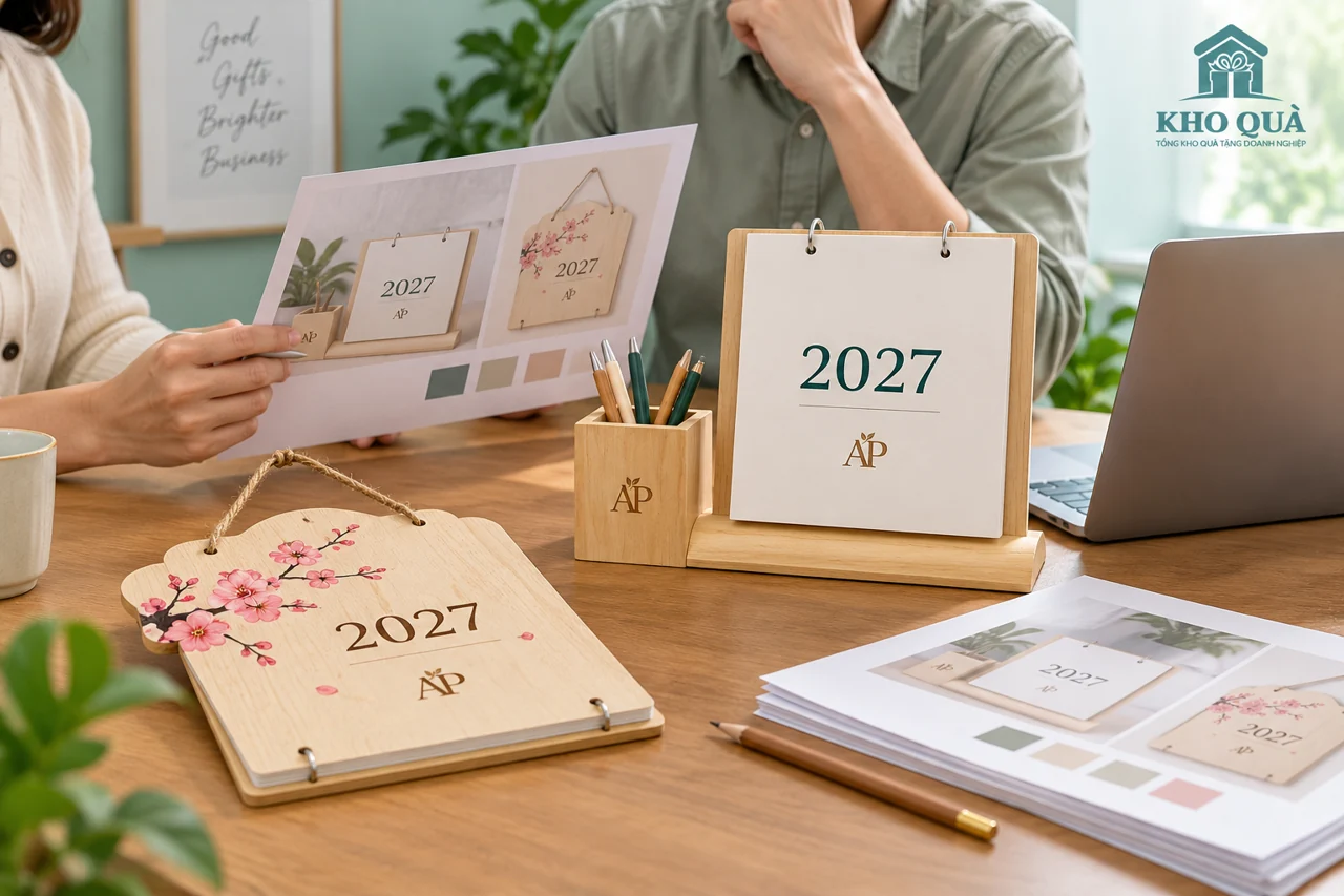 Cảnh dựng duyệt hai kiểu lịch AP có bìa 2027 bên bản thiết kế