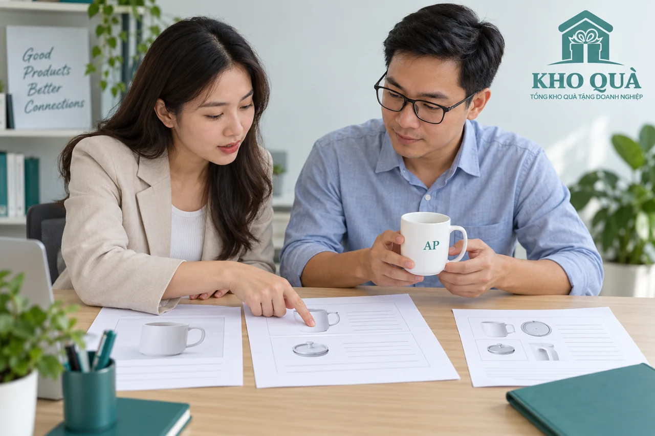 Cảnh dựng hai người đối chiếu cốc AP và giấy ghi nhận bộ phận
