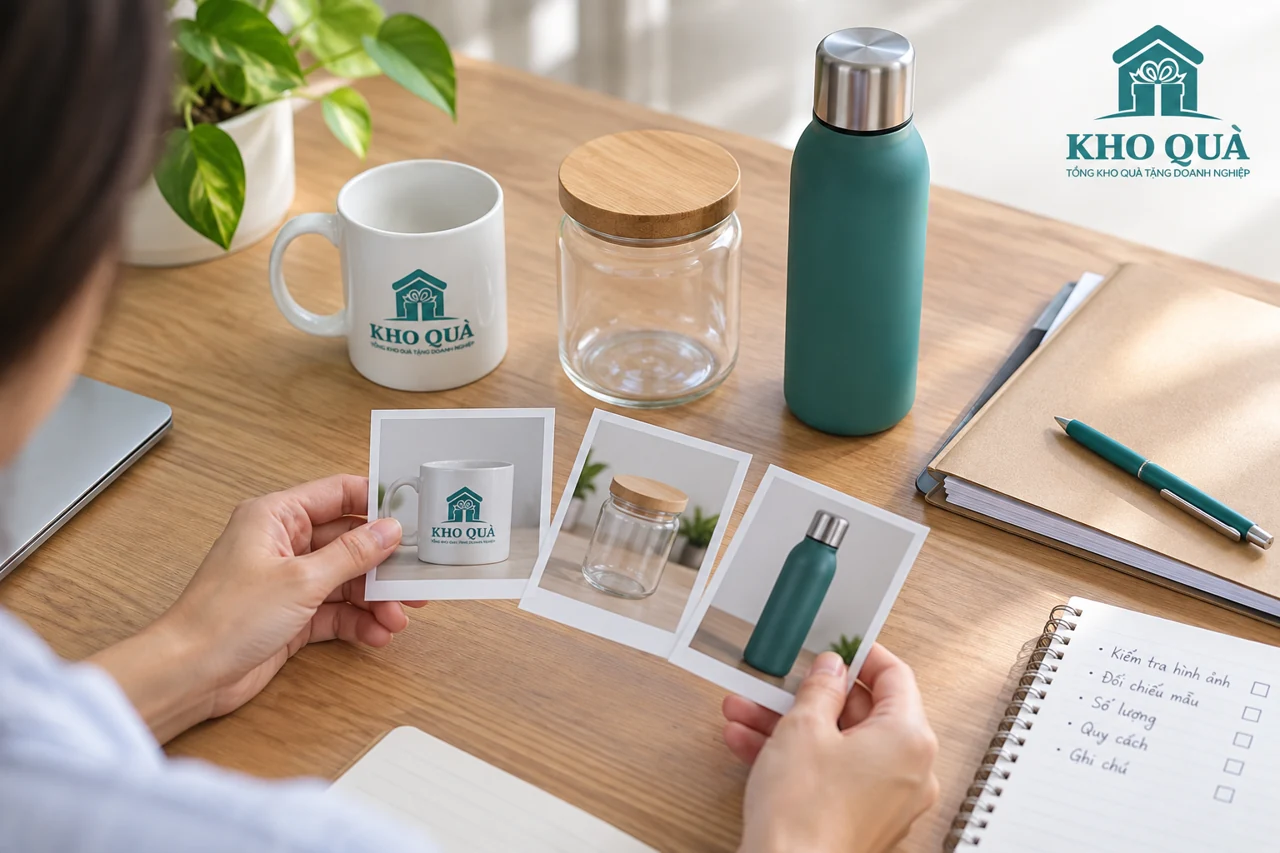 Cảnh dựng cốc KhoQua hũ nắp gỗ và bình cùng ảnh nhận diện
