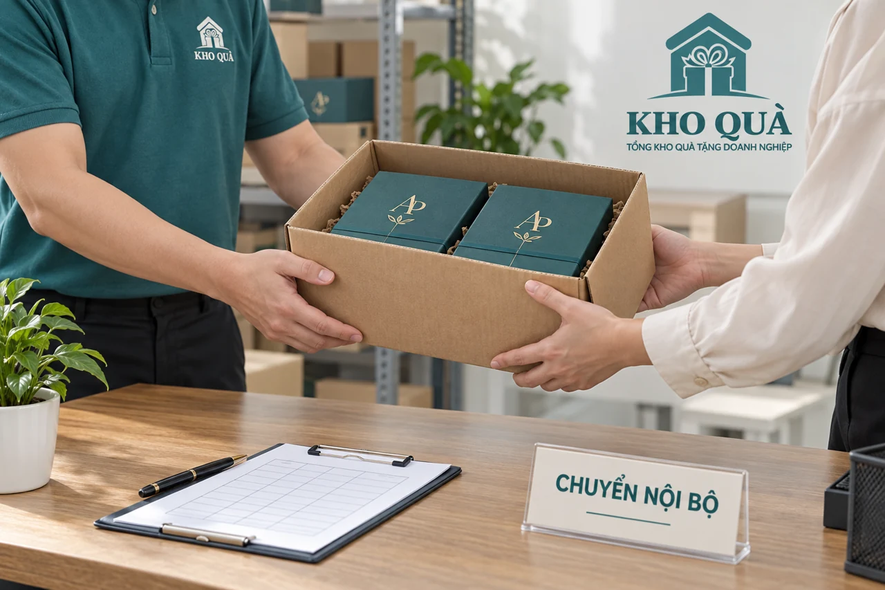 Cảnh dựng hai người bàn giao thùng hộp AP với nhãn chuyển nội bộ