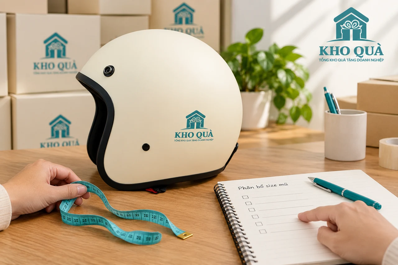 Cảnh chuẩn bị danh sách cỡ có mũ logo KhoQua và thước dây đặt cạnh