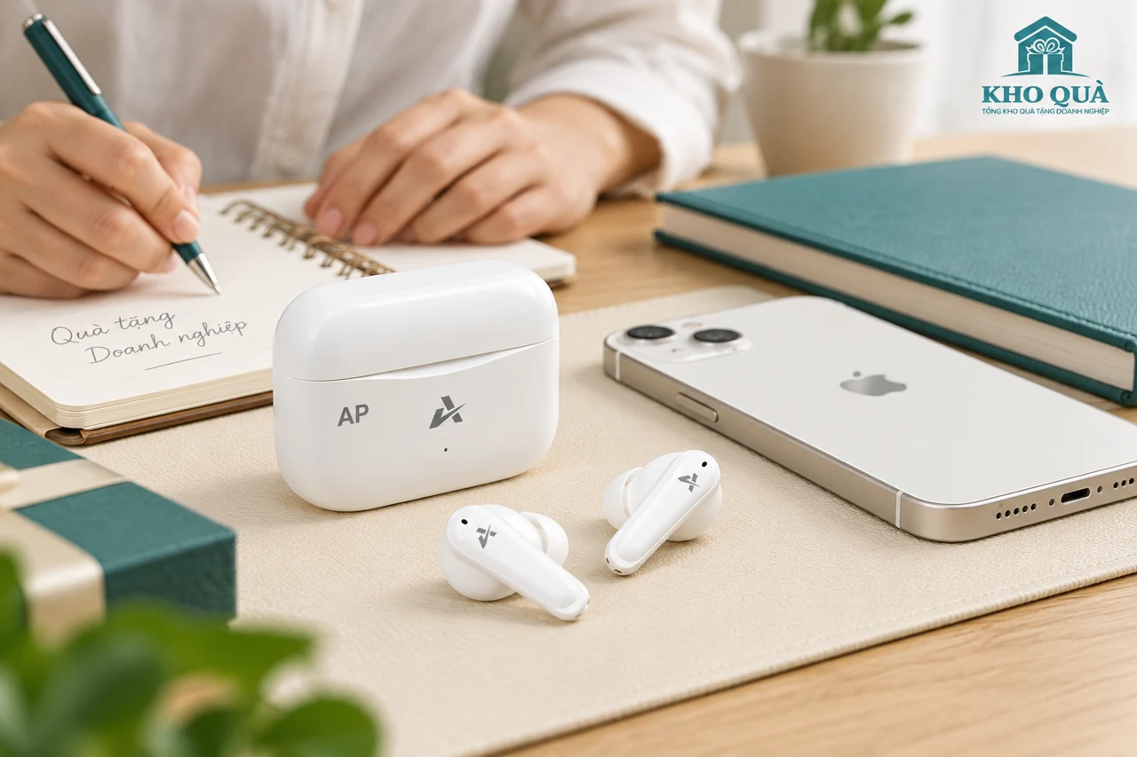 Phương án Avbuds C200 và điện thoại trên bàn chọn quà với AP bên trái hộp