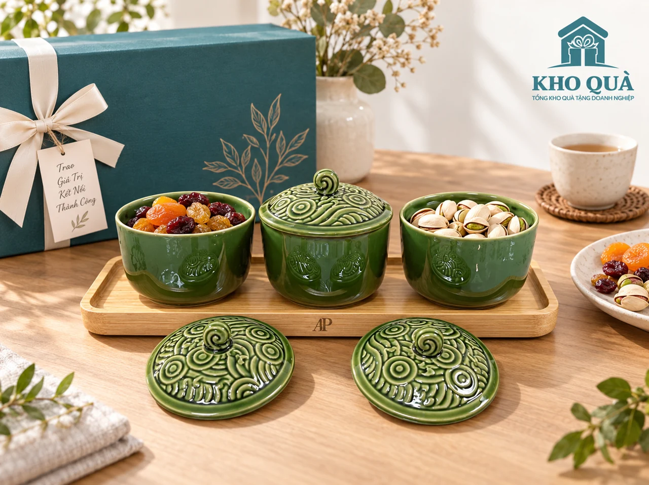 Phương án ba hũ xanh cùng khay mang AP và hộp quà