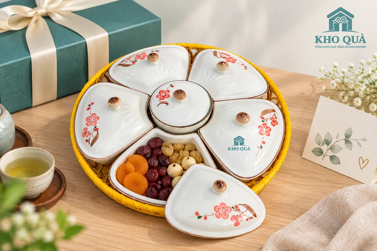 Phương án khay năm cánh với hũ giữa và logo KhoQua trên một nắp