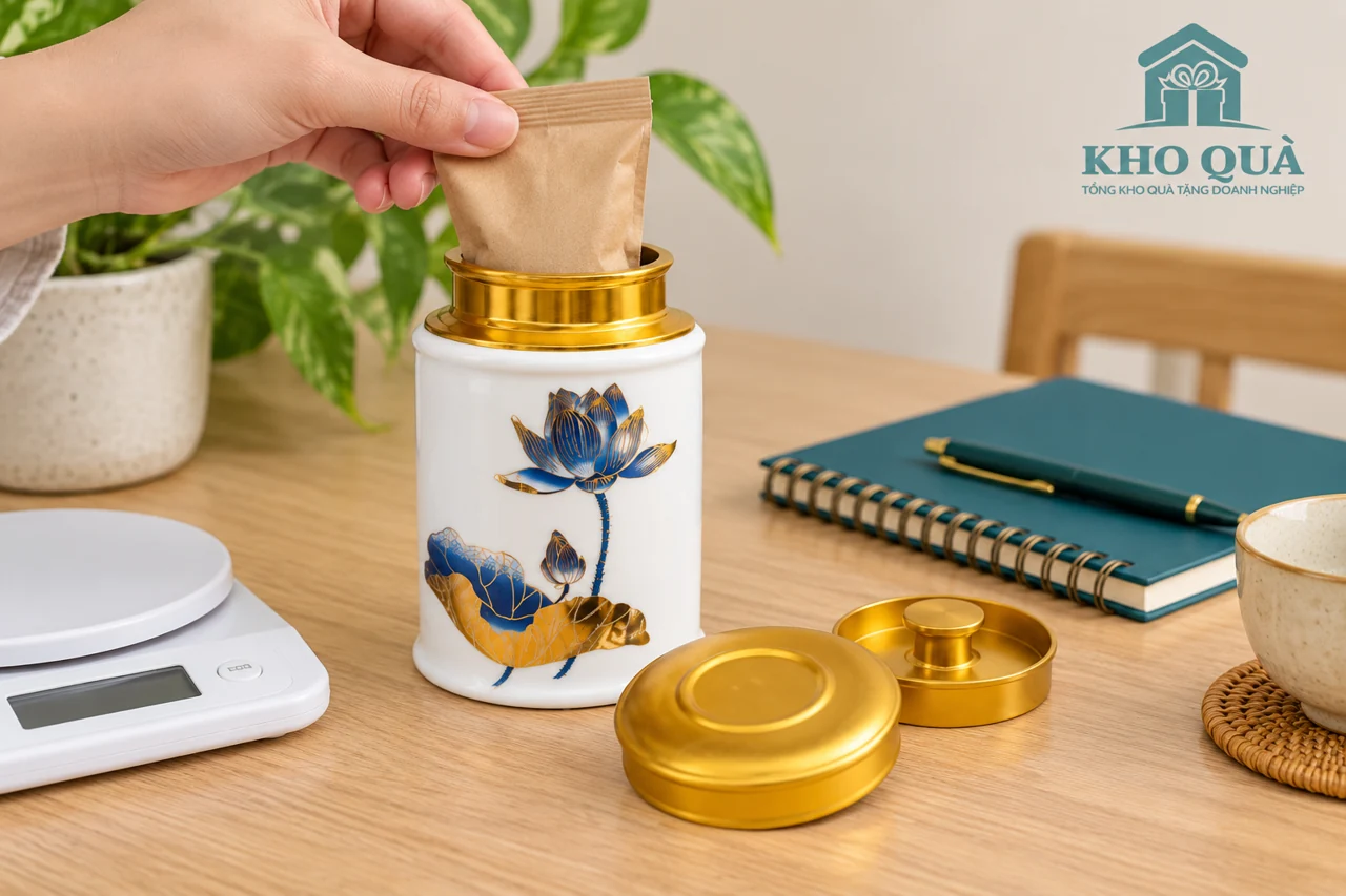 Phương án thử túi trà qua miệng hũ hoa sen có cổ màu vàng