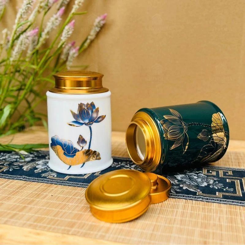 Hũ trụ hoa sen và hai phần nắp màu vàng tháo rời mã 37508