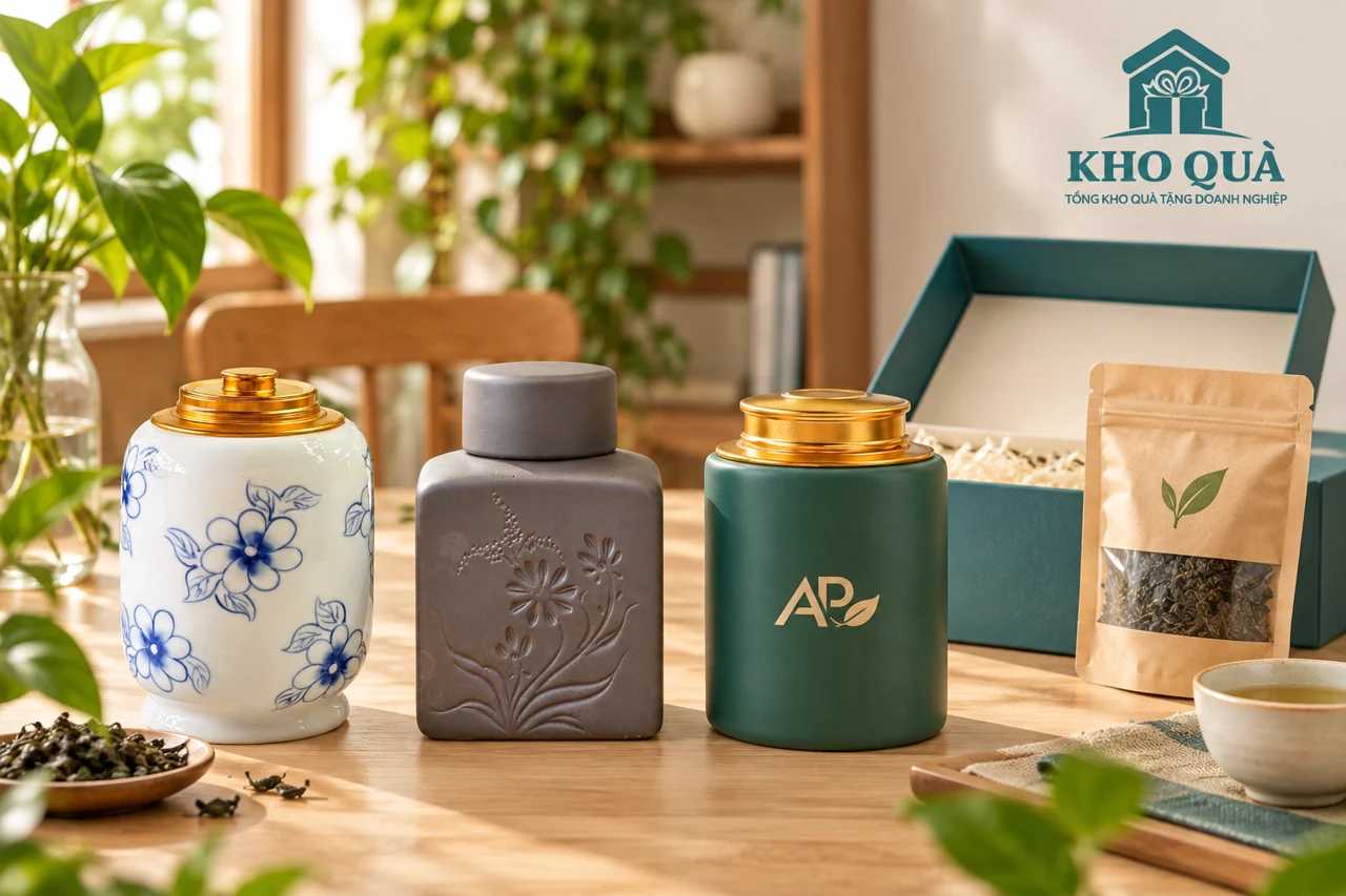 Phương án ba dáng hũ trà cùng nhận diện AP và hộp xanh