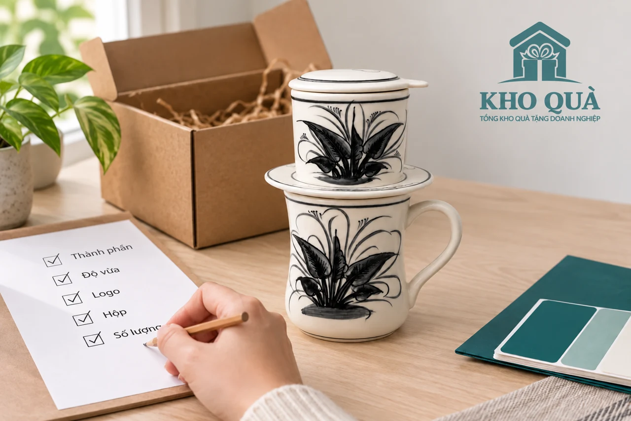 Bộ phin sứ họa tiết đen cạnh hộp quà và danh sách duyệt mẫu