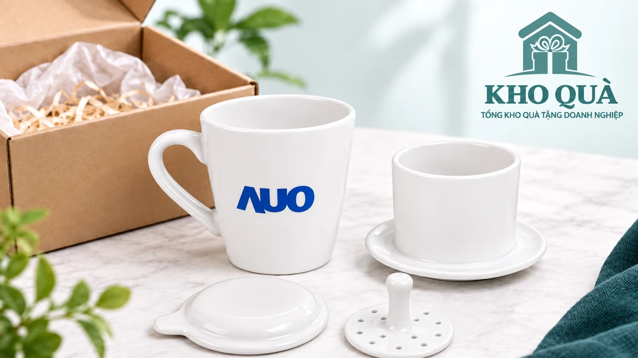 Cốc AUO, thân phin, nắp và tấm nén cạnh hộp quà