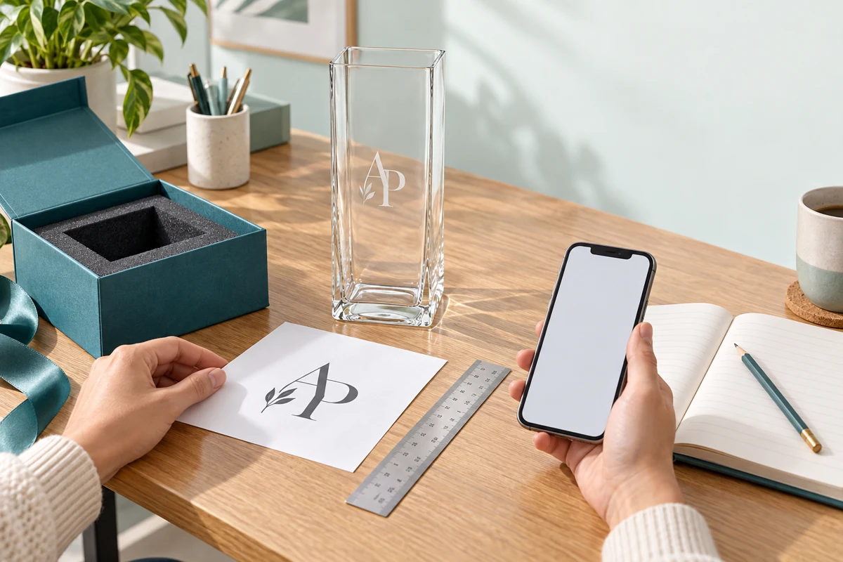 Lọ trụ vuông in monogram, hộp quà, bản logo và sổ ghi yêu cầu trên bàn