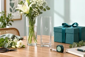 Lọ hoa trụ tròn và trụ vuông cùng hoa, hộp quà xanh và thước trên bàn