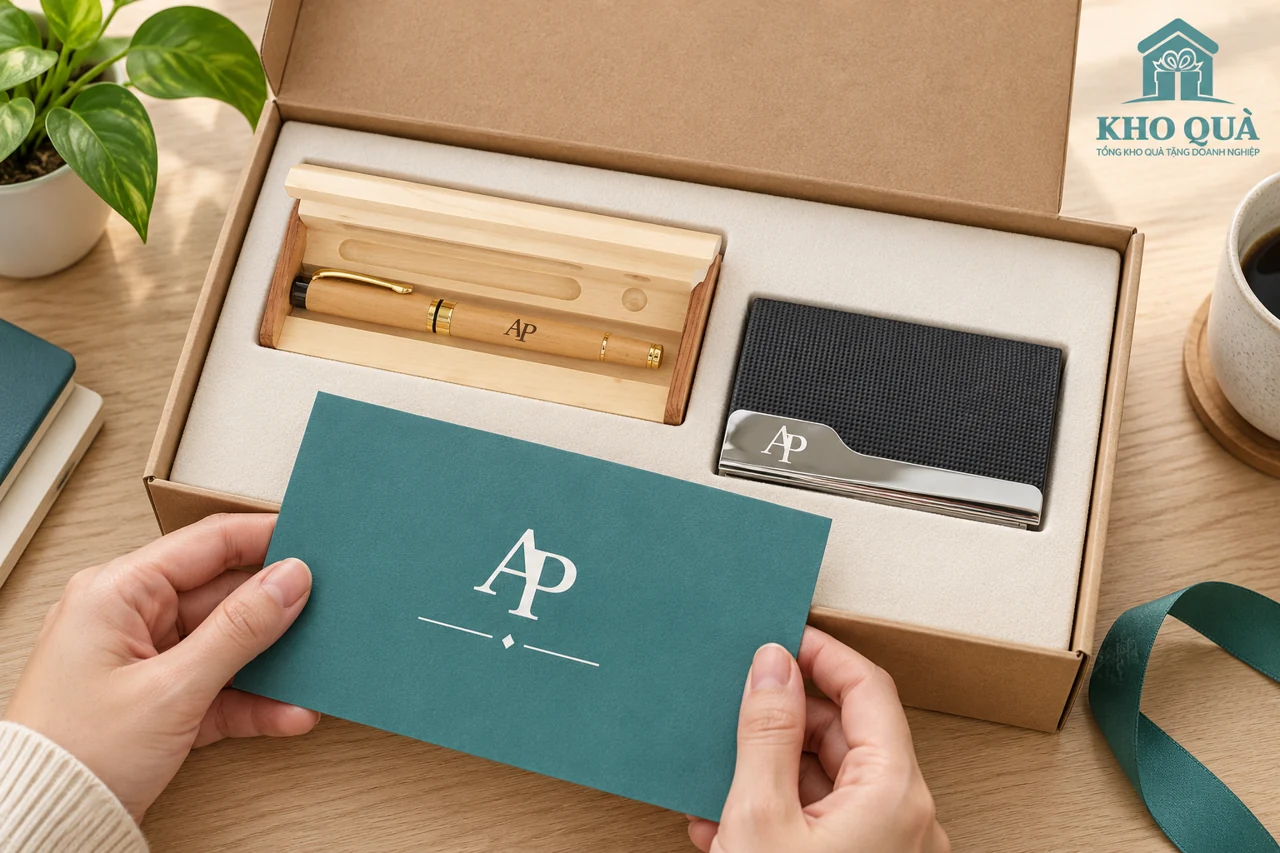 Phương án phối hộp bút và hộp danh thiếp cùng nhận diện AP