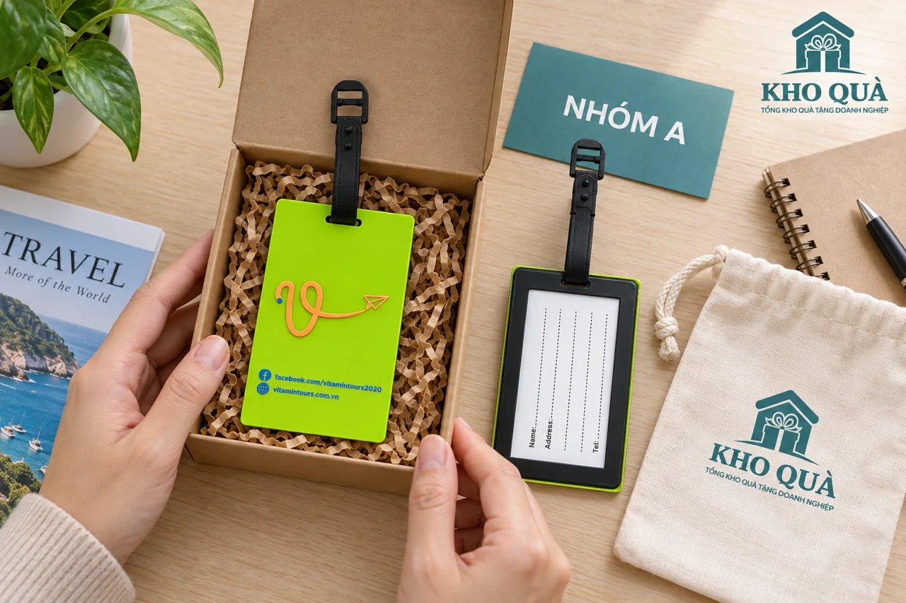 Phương án thẻ hành lý trong hộp kraft cùng nhãn nhóm và túi