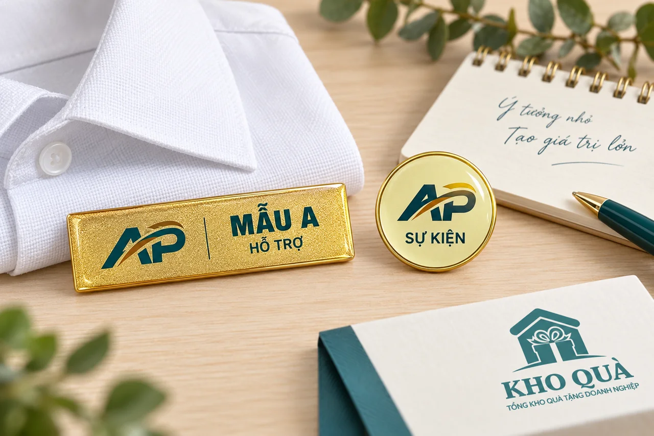Phương án thẻ tên chữ nhật AP và huy hiệu tròn cùng mẫu vải và giấy duyệt