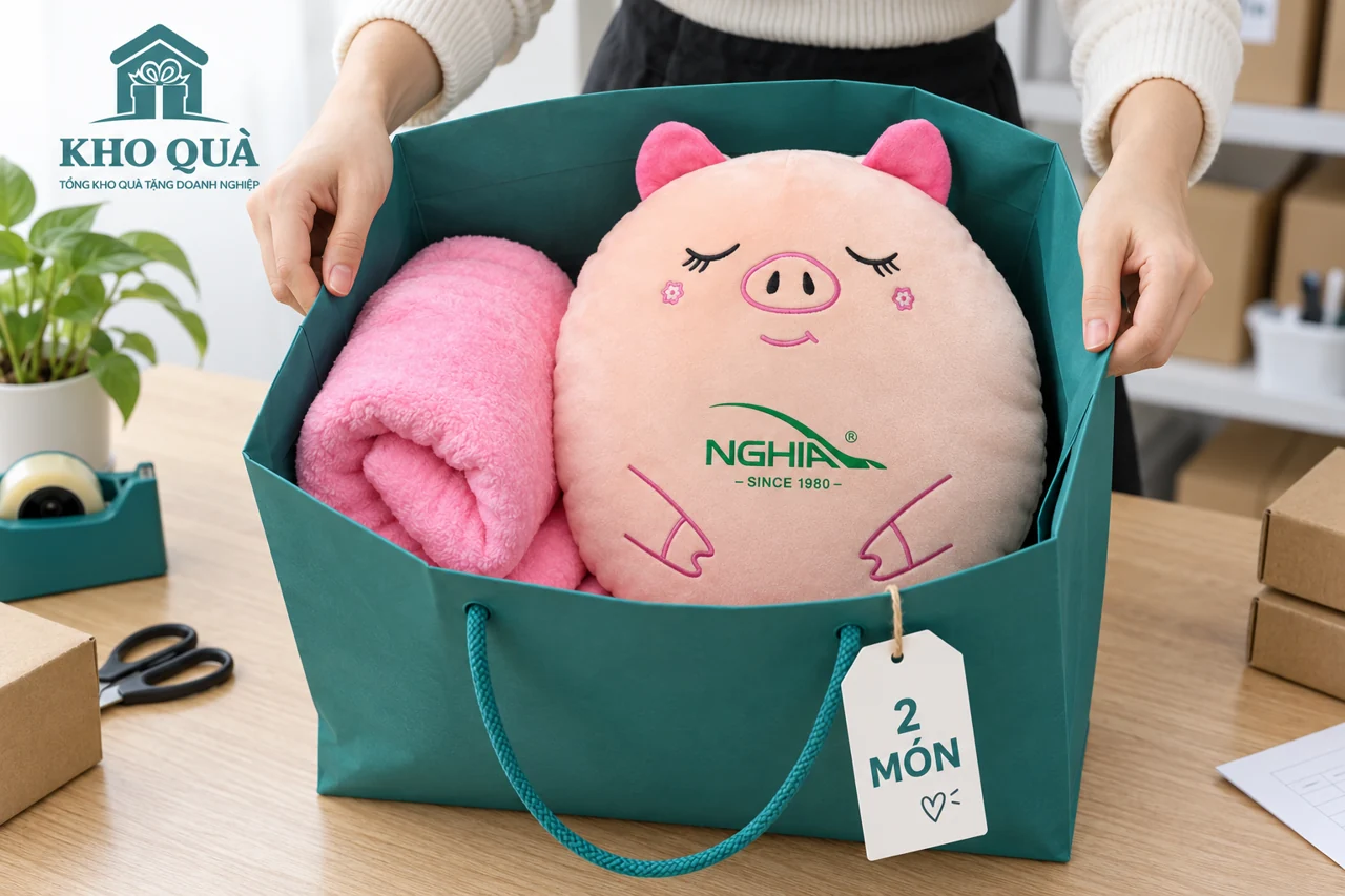 Phương án xếp gối hình heo NGHIA và chăn hồng trong túi xanh ghi 2 món