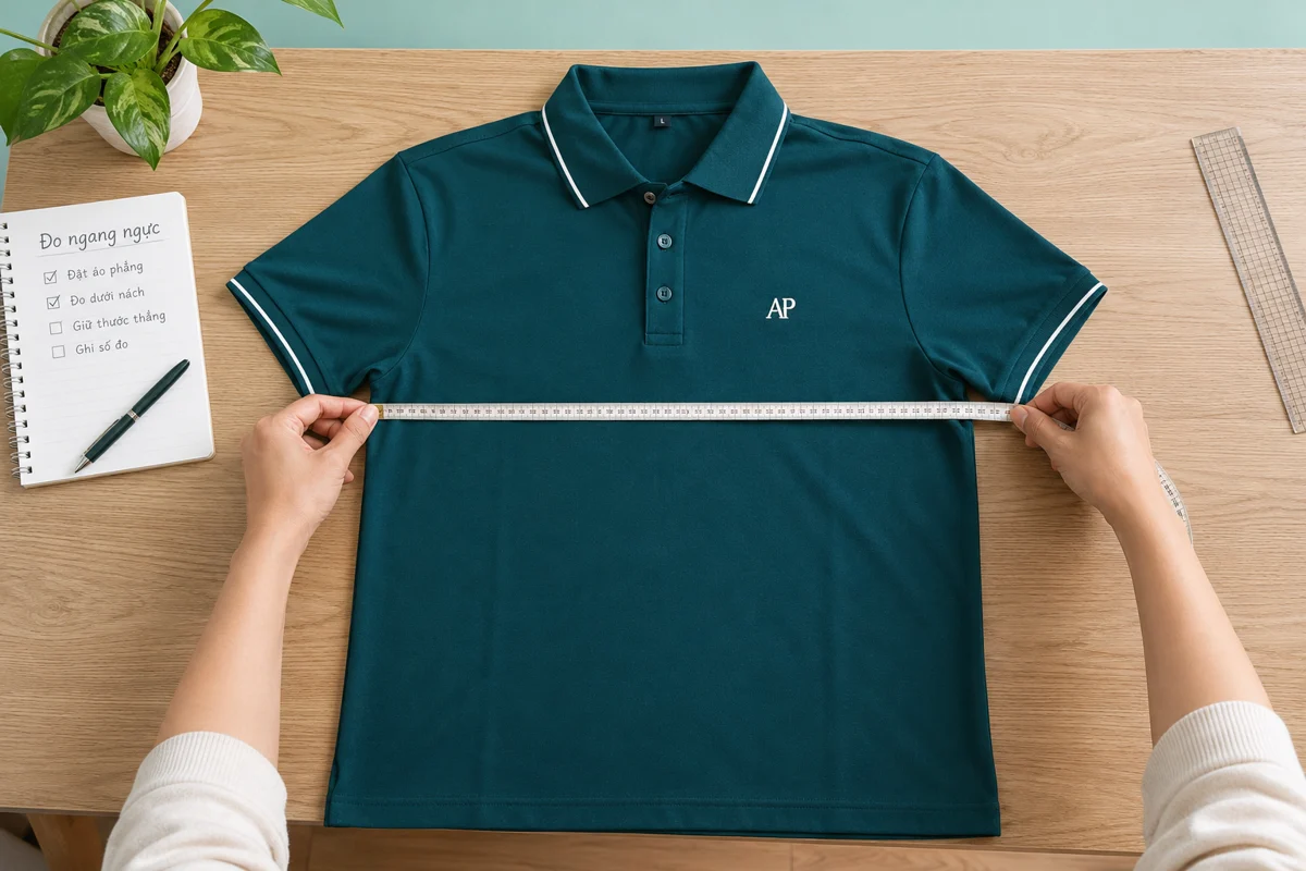 Đo ngang ngực áo polo trải phẳng bằng thước dây