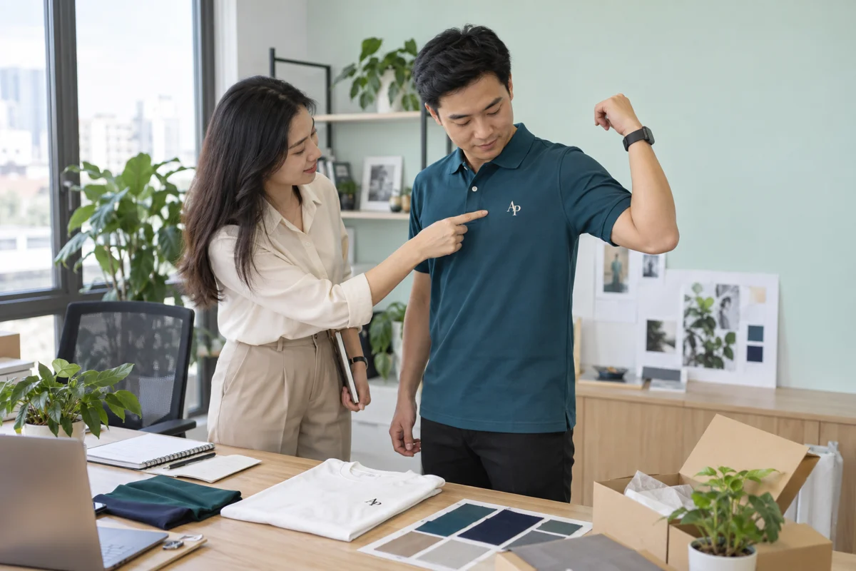 Hai người xem phom và logo trên áo polo mặc thử trong văn phòng